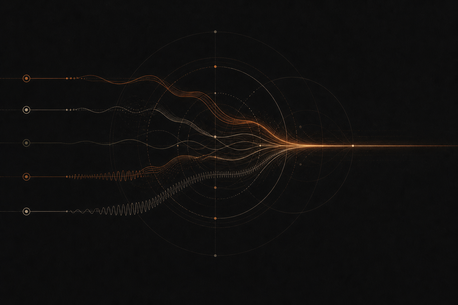 Abstract visualization of converging signal streams: model, hardware, and data meeting at a single point.