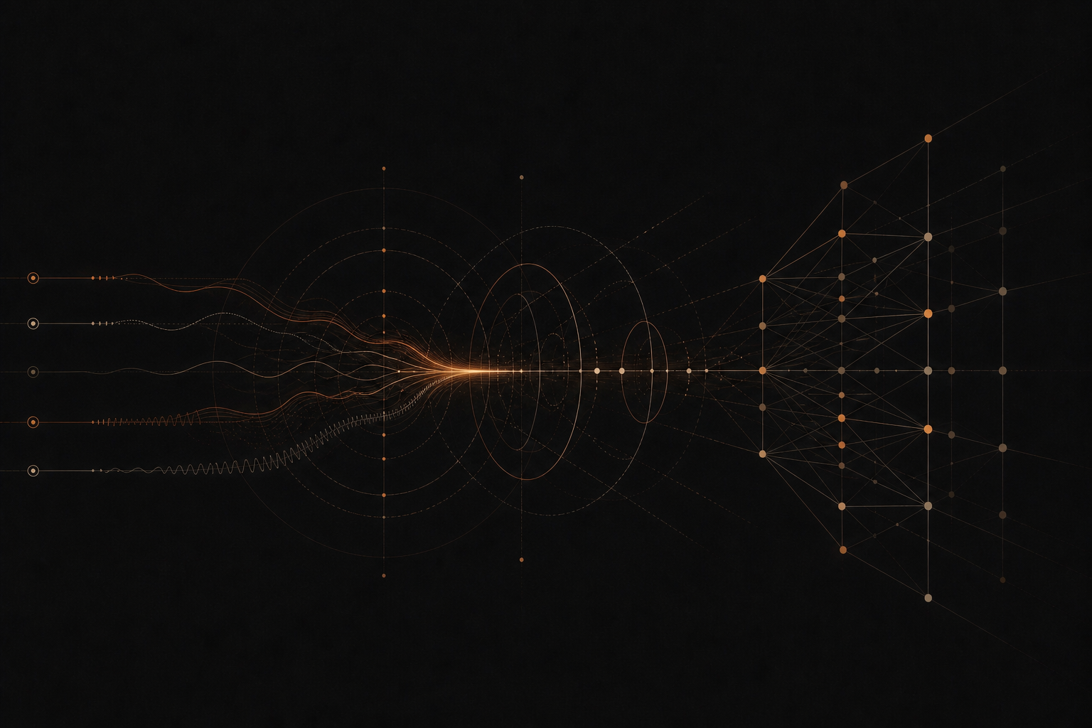 Signal streams converging through structured evidence lenses into a connected node lattice.